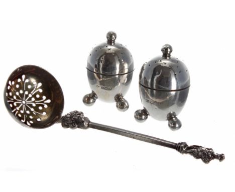 Victorian silver novelty casting spoon, with a pierced gilt bowl, the hexagonal handle with a figural finial, maker Atkin Bro