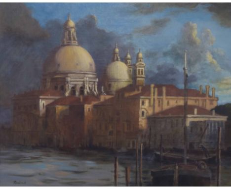 Arthur Rowlands (1904-2000) - Venetian canal scene with a figure and gondolas in the foreground, signed Rowlands, oil on pane