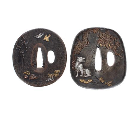Two Japanese bronze Maru Gata Tsubas, each with gilt and silvered highlighted decoration to both sides, each with character s