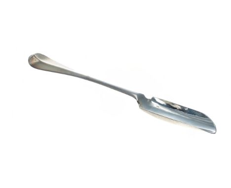 18th century silver scoop, hallmarks indistinct,&nbsp;initialled M*R to the underside of the handle, 8" long, 1.4oz t 