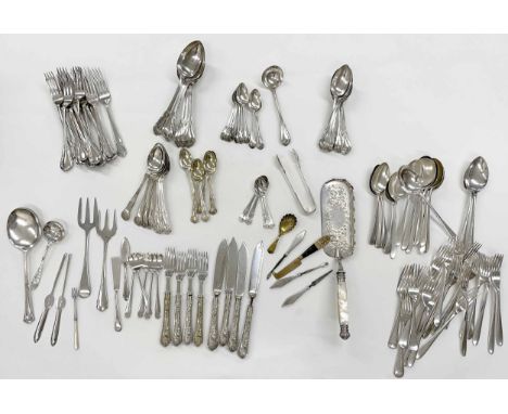 Variety of silver plated flatware to include several closely matched groups; also a good mother of pearl handled repousse cru