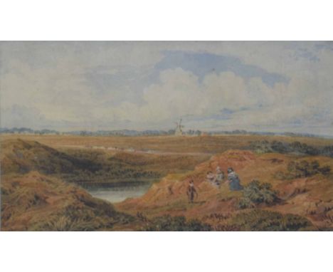William Turner of Oxford (1789-1862) - 'Wimbledon Common' a mother and three children beside a pond, a windmill and cottages 