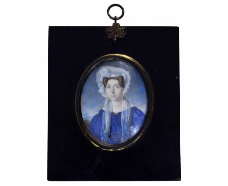 Continental School (19th century) - portrait miniature of a lady, half length wearing a blue dress, lace scarf and bonnet wit