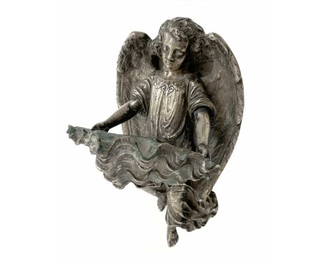 After the antique -&nbsp;silvered bronze stoup modelled as a cherub with wings holding a conch shell, signed 'Berquet' to the