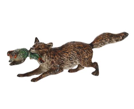 Austrian&nbsp;cold painted bronze of a fox with duck, 5" wide, 1.5" high 