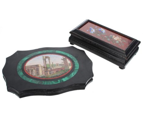 Grand Tour mosaic paperweight,&nbsp;depicting Corinthian ruins and columns (restored damage),&nbsp;within a green malachite b