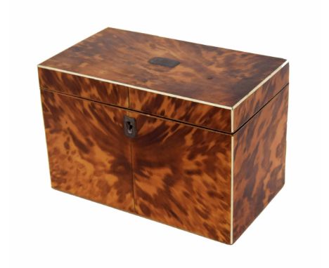 19th century rectangular tortoiseshell tea caddy,&nbsp;the hinged cover enclosing a divided interior with tortoiseshell cover