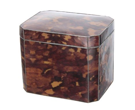 20th century faux tortoiseshell and Sheffield pewter tea caddy,&nbsp;of canted form,&nbsp;marked 'T W &amp; Co Ltd' to the un