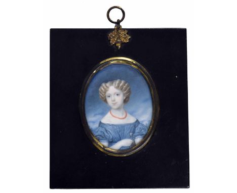 English School (19th century) -&nbsp;portrait miniature of a young girl, half length wearing a blue dress and necklace holdin