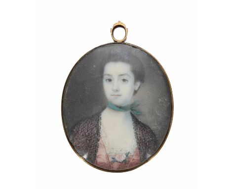 English School (18th century) -&nbsp;portrait miniature of a lady, head and shoulders wearing a pink dress with black lace sh