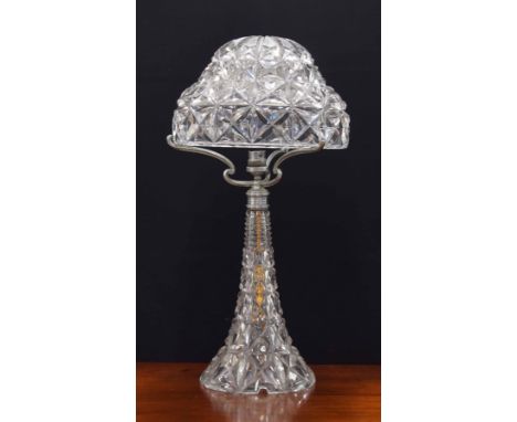 Good decorative crystal cut glass table lamp with a mushroom style shade, 20" high 