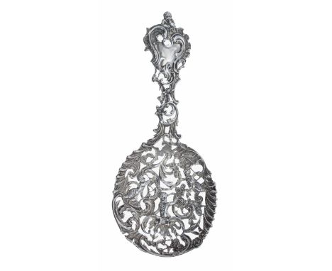 Victorian decorative pierced caddy spoon, cast with Putti figures among floral swags and scrolling borders, maker William Com