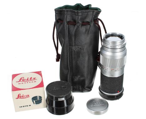 Leica 135mm f/4 Leitz Wetzlar Elmar camera lens,&nbsp;no. 1774082, in silver,&nbsp;with case and hood, catalogue no. 12575N 