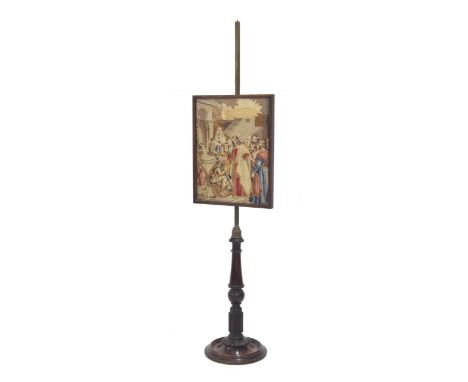 Victorian rosewood framed tapestry fire screen, on a brass pole mounted upon turned mahogany base, the screen 13.5" wide, 17"