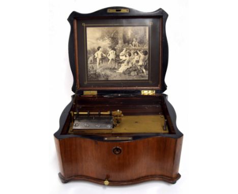 Late 19th century table-top&nbsp;polyphon, the serpentine case with hinged cover enclosing the musical movement, the central 