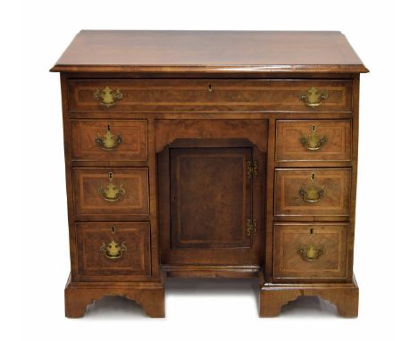 18th century walnut kneehole writing desk, the chevron&nbsp;inlay&nbsp;top over one long drawer and two banks of three short 