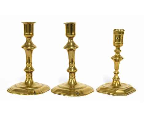 Pair of Georgian brass candlesticks, on canted square bases inscribed 'E. Snell 1763', 6.5" high; together with another brass