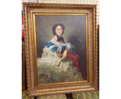 20TH CENTURY CANVAS HALF LENGTH PORTRAIT STUDY SPANISH LADY IN REEDED MOULDED FRAME 77CM X 103CM
