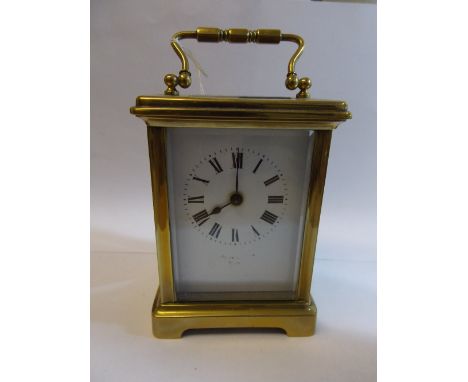 FRENCH BRASS CARRIAGE CLOCK WITH WHITE ENAMEL FACE