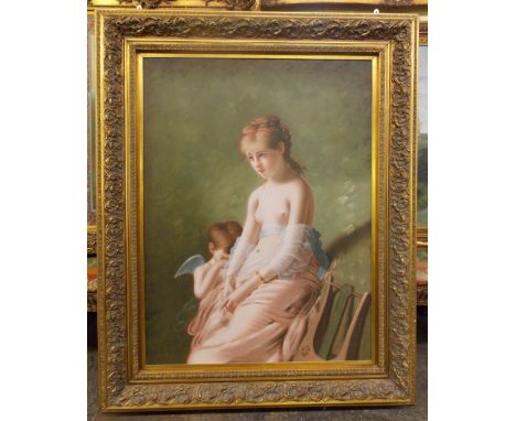 20TH CENTURY CANVAS PORTRAIT OF SCANTILLY CLAD MAIDEN AND ANGEL IN MOULDED GILT FRAME 88CM X 109CM