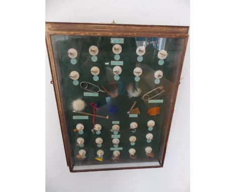 GAME FISHING COLLAGE OF WET FISHING FLIES AND FLY TYING RELATED TOOLS IN GLAZED CASE