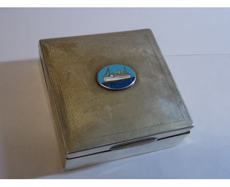 BIRMINGHAM SILVER SQUARE CIGARETTE BOX RMSP ATLANTIS ENAMEL BADGE TO HINGED LID