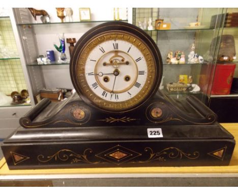 BELGIAN BLACK SLATE DRUM MANTEL CLOCK WITH INCISED DECORATION AND BROCOT ESCAPEMENT