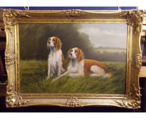 20TH CENTURY CANVAS OF SEATED AND RECUMBENT HUNTING DOGS IN A LANDSCAPE 91CM X 61CM