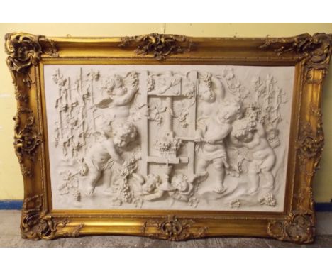 BAS RELIEF PANEL DEPICTING CHERUBS PRESSING GRAPES IN ORNATE GILT SWEPT FRAME 144CM X 88CM