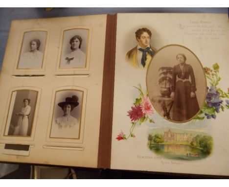 DISTRESSED LEATHER BOUND VICTORIAN/EDWARDIAN PORTRAIT PHOTOGRAPH ALBUM WITH LITHOGRAPHIC PRINTED PAGES