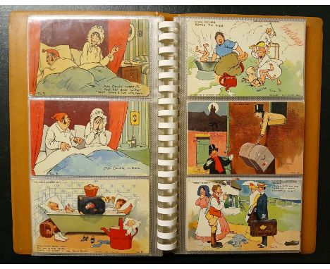 Album containing 59 humour postcards, c.1930s, including Tom Browne._ Album containing 70 military postcards, 1910-1930s._ 'P