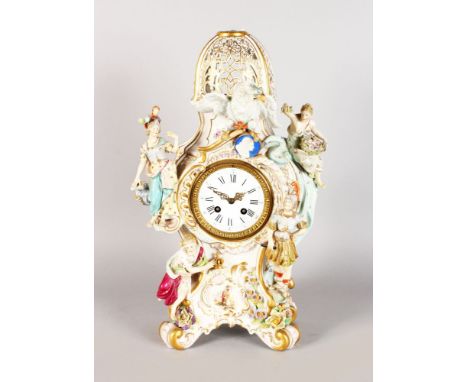 A GOOD "MEISSEN STYLE" PORCELAIN MANTLE CLOCK with eight day movement stamped GR, No. 1419, striking on a single bell, the di