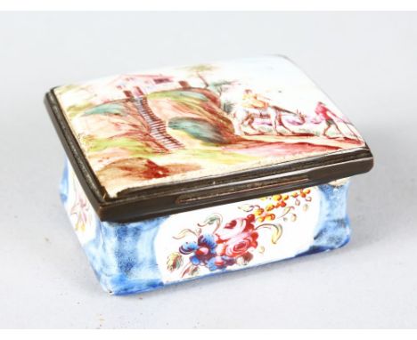AN ENAMEL SNUFF BOX, the lid with figures, donkey and house. 5.5cms long.