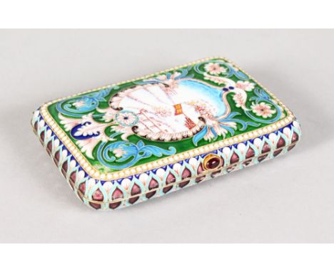 A GOOD RUSSIAN SILVER AND ENAMEL CIGARETTE CASE decorated with a winter scene, house, snow and motifs.