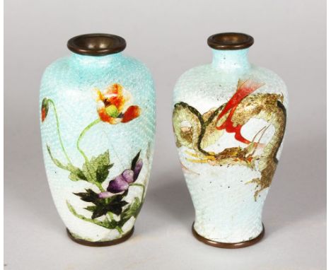 A SMALL PAIR OF CLOISONNE ENAMEL VASES, dragon and flowers. 3.5ins high.