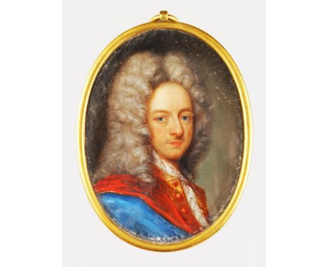 DUTCH SCHOOL (CIRCA. 1705) AN OVAL PORTRAIT MINIATURE OF A GENTLEMAN wearing a powdered wig, blue coat and red mask. 6cms x 4