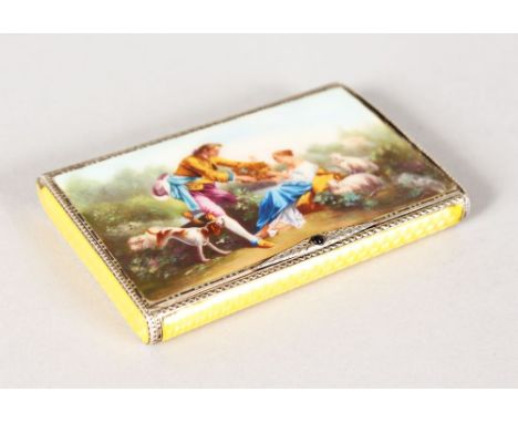 A LOVELY FRENCH YELLOW ENAMEL SNUFF BOX, the lid with young lovers, dog and sheep.