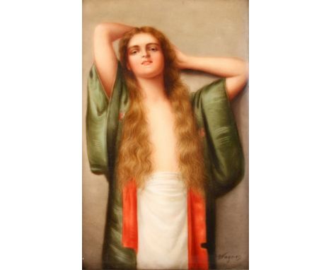 AFTER WAGNER "Bien-Etre".  A SUPERB PORCELAIN PANEL, three quarter length of a young lady. Signed Wagner.  6ins x 3.75ins, in