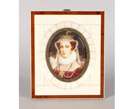 AN OVAL PORTRAIT MINIATURE OF A YOUNG LADY. wearing a crown and lace ruffle. 7cms x 6cms, in a bone frame.