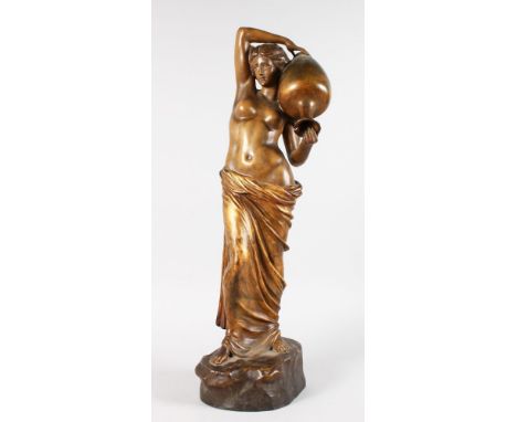 A GOOD GOLDSCHEIDER TERRACOTTA FIGURE OF A YOUNG CLASSICAL SEMI CLAD FEMALE FIGURE, carrying a large pitcher. Signed.  26ins 