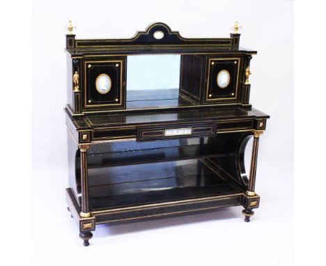 A 19TH CENTURY EBONISED AND ORMOLU MOUNTED CHIFFONIER, the upper section with urn finials, Jasper ware plaque, a mirrored dis