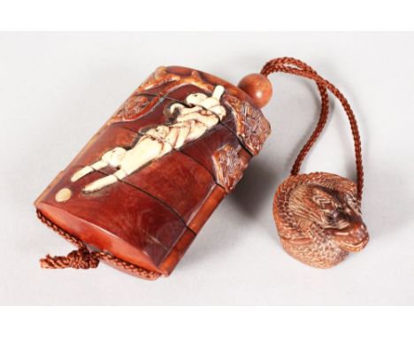 A FOUR DIVISION WOOD AND BONE INRO, carved with bone monkey.
