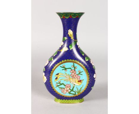 A GOOD CLOISONNE ENAMEL MOON FLASK with reverse panels of birds.  8.5ins high.