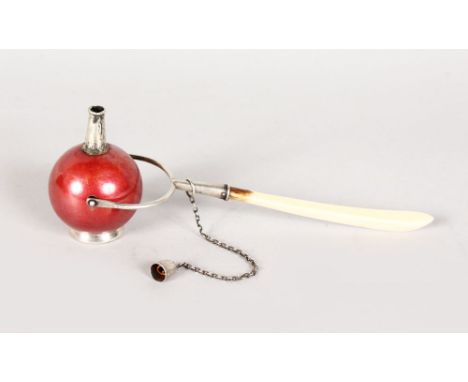 A STERLING GLOBULAR LIGHTER with bone handle.