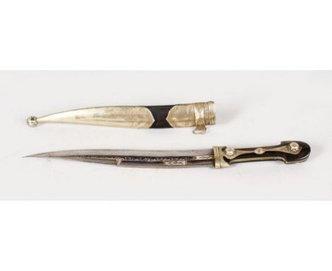 A TURKISH KNIFE/DAGGER with hardwood handle, the blade with enamel decoration both sides. 12.5ins long.