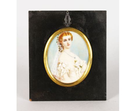 K. SPRING-RICA AN OVAL THREE QUARTER LENGTH PORTRAIT MINIATURE OF GABRIELLE D'ESTREES wearing a large lace dress with rose. S