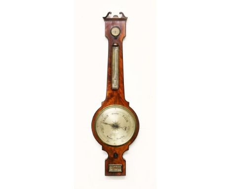 A REGENCY MAHOGANY FOUR GLASS BANJO BAROMETER by JAMES SAWYER, Peterborough. 3ft 6ins high.