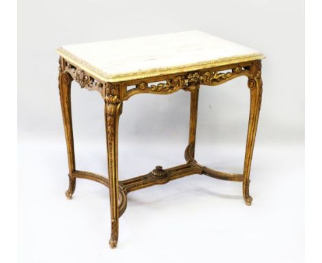 AN ITALIAN MARBLE TOP GILTWOOD CONSOLE TABLE, carved and pierced gallery, supported by cabriole legs and shaped stretcher. 2f