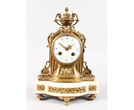 A GOOD SMALL LOUIS XVI ORMOLU AND WHITE MARBLE MANTLE CLOCK, with eight-day movement, striking on a single bell, white dial p