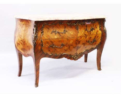 A FRENCH ROSEWOOD, MARQUETRY AND ORMOLU BOMBE COMMODE, with variegated marble top, two long drawers with floral inlay, on cab